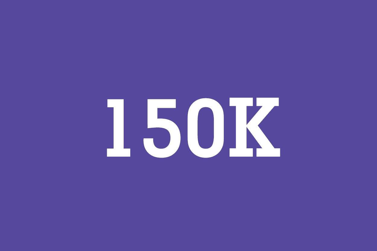 white '150k' on purple background depicting 150,000 square feet of new office and retail space