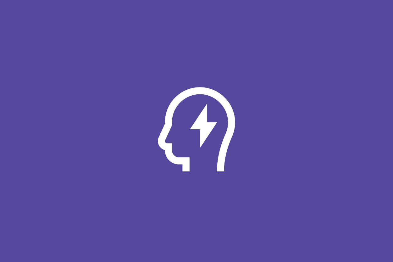 white icon of a head containing a lightning bolt on a purple background