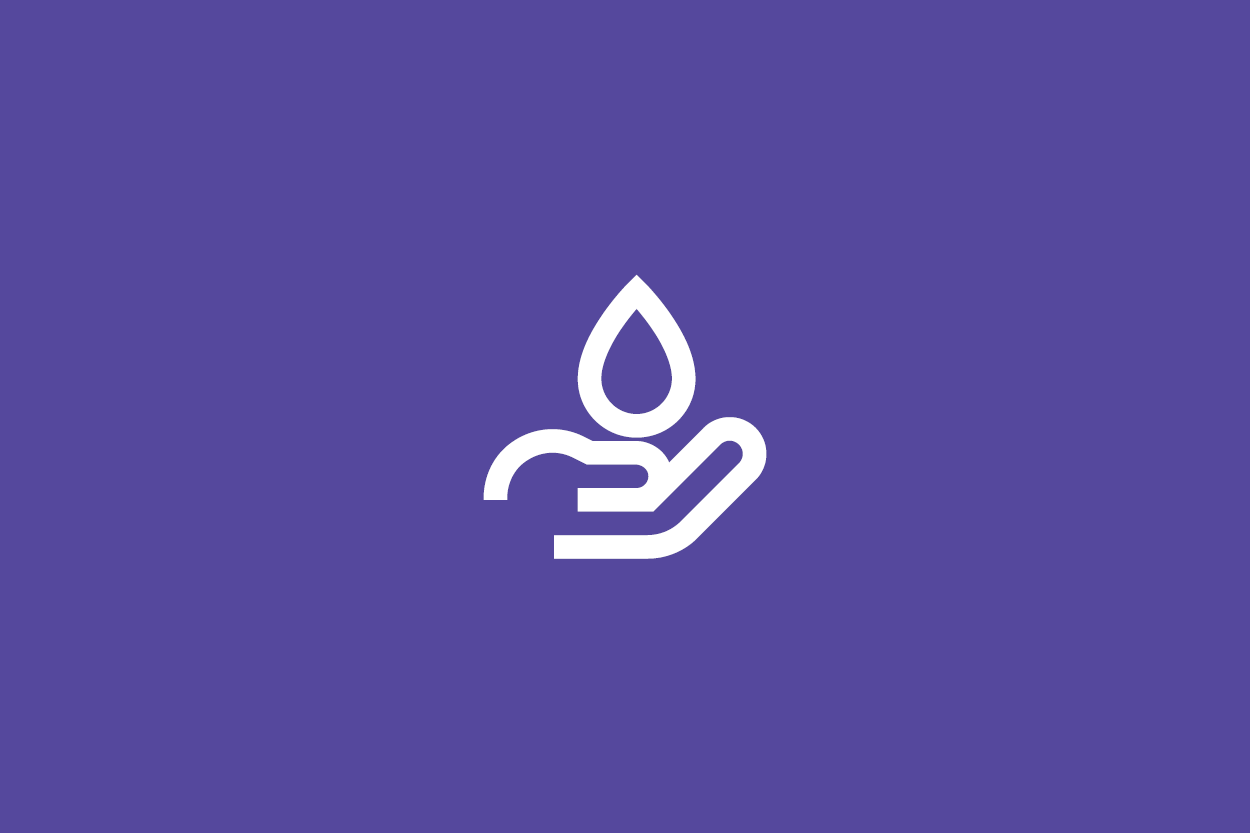 white icon of a hand receiving a drop of water on a purple background