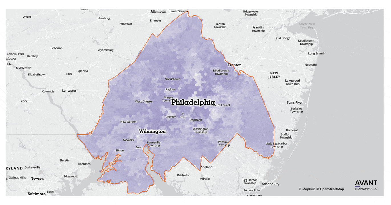 gif of Philadelphia areas of unmet and met demand for OB/GYN services based on demographics and neighborhoods with greatest potential to meet consumer needs