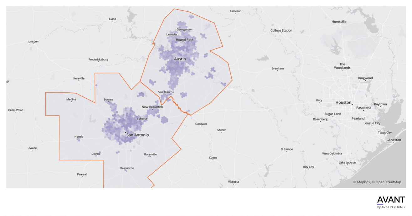 map of Austin and San Antonio, Texas and unmet demand for reproductive endocrinology by neighborhood
