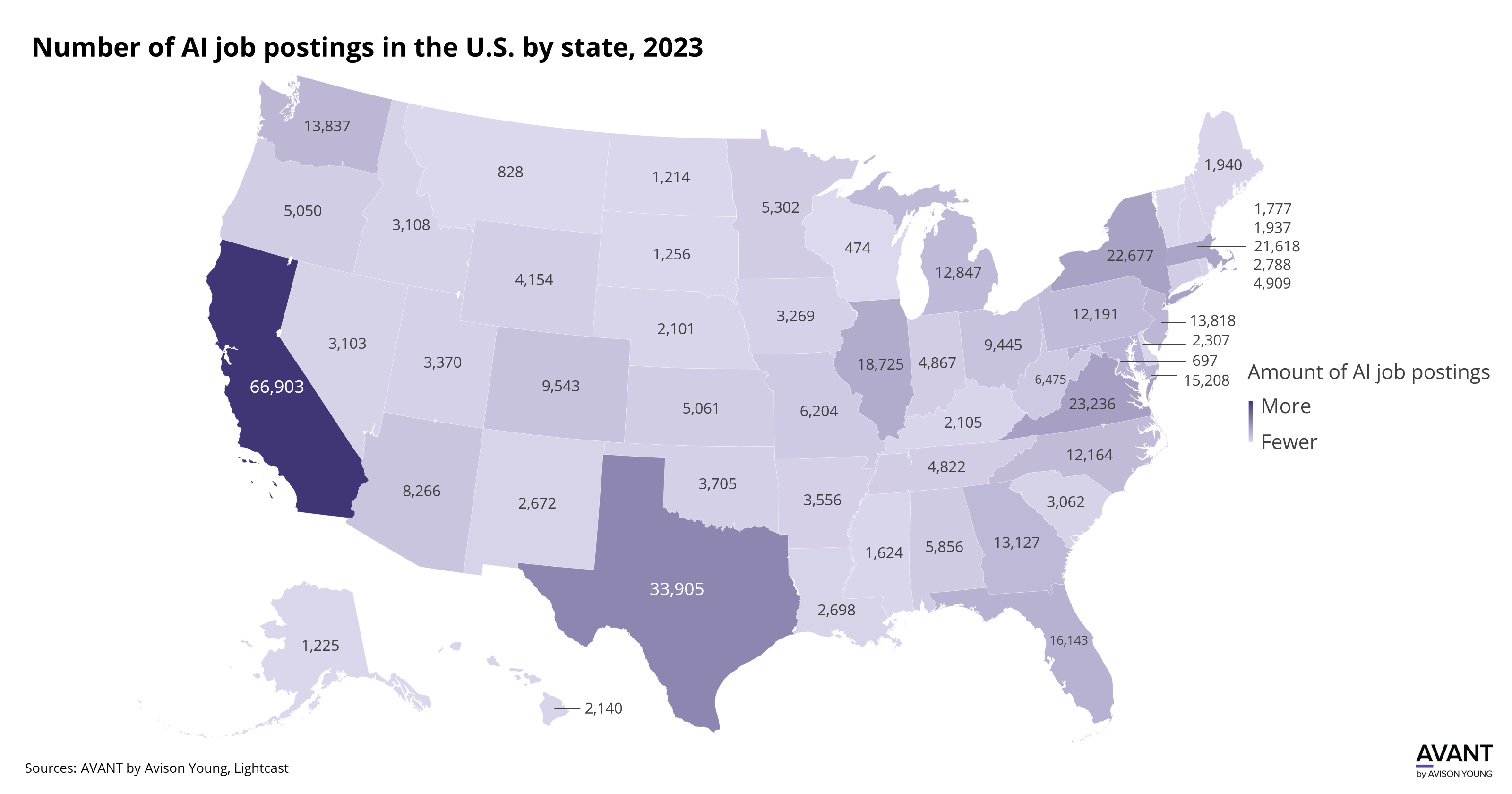 map of number of AI job postings in the U.S. by state in 2023
